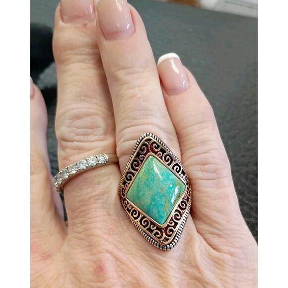 Barse Ring Size 7 Sterling Silver 925 Bronze Tone Turquoise Diamond Shape 1.3"L - Picture 4 of 6